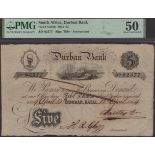 Durban Bank, Â£5, 12 April 1864, serial number 02377, ink cancellation, ink burn, in PMG hold...