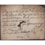 Childs Bank, Sir Francis Child at Temple Bar, a drawn note for Â£107, 10/-, paying the right...