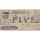 Cambridge Bank, for F.D. Barker, Â£5, 1 January 1840, serial number C172, Barker signature, a...