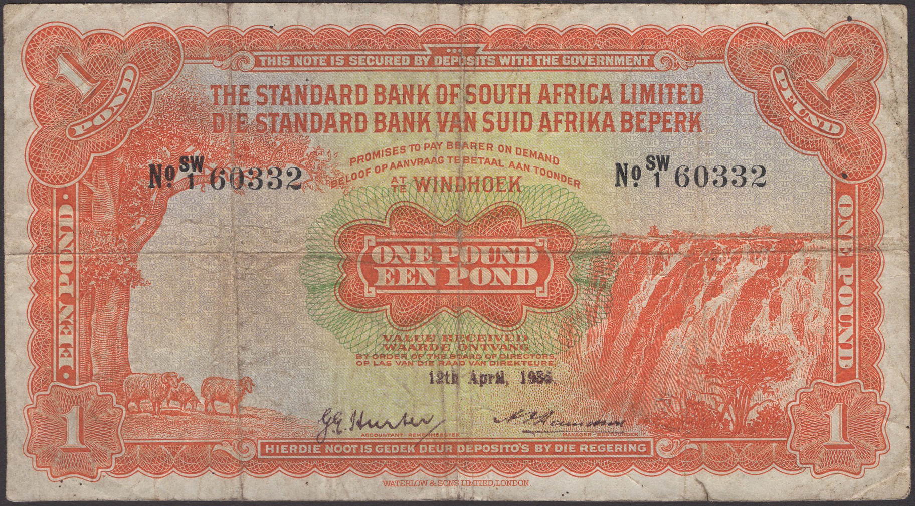 Standard Bank of South Africa Limited, Â£1, 1 October 1943, serial number SW/1 60332, Hunter...