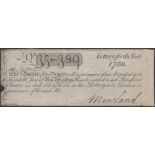 Abraham Newland, a 1780 lottery ticket, number 35m389, signed by Abraham Newland himself, ve...