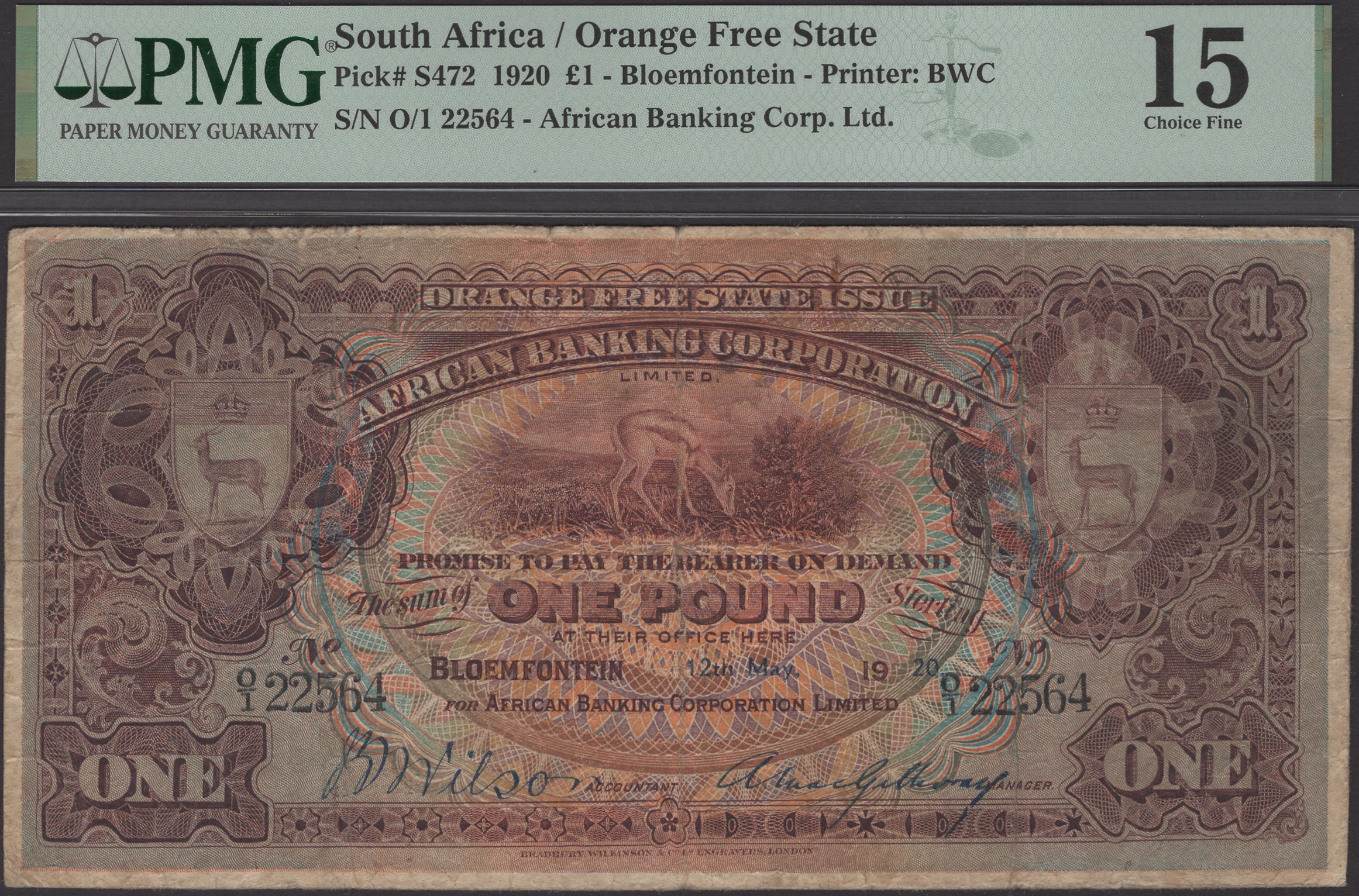 African Banking Corporation, Orange Free State, Â£1, 12 May 1920, serial number O/1 22564, ru...