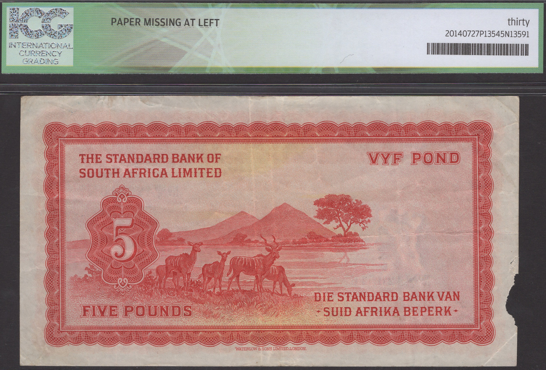 Standard Bank of South Africa Limited, Â£5, 20 November 1958, serial number SW/5 420516, pape... - Image 2 of 2