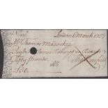 Thomas Madockes, a cheque paying James Benezer or Bearer, Â£50, dated 6 March 1737, serial nu...