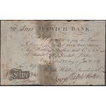Ipswich Bank, for Ralph Holden, Sanders & Co., Â£5, 21 January 1807, serial number A1085, Hol...