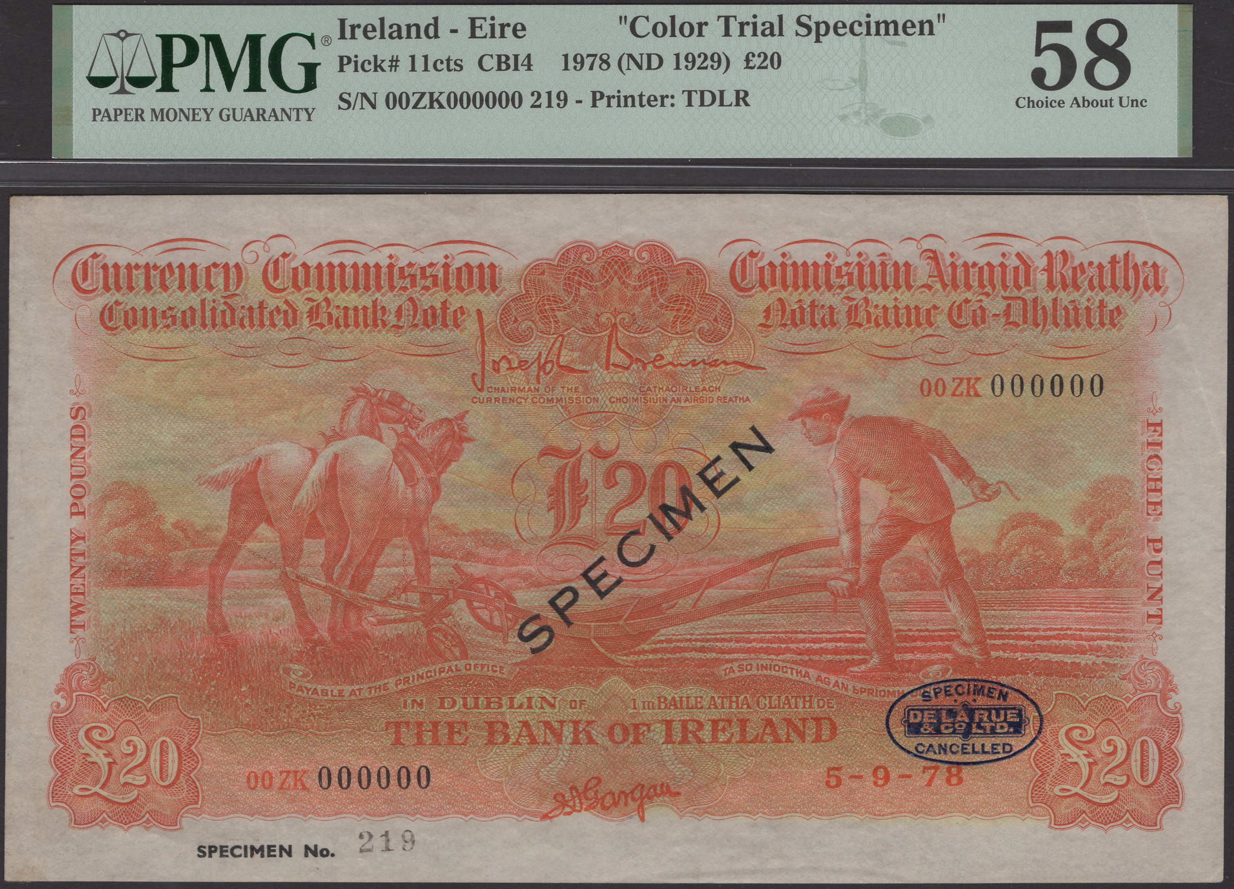Currency Commission, Bank of Ireland, colour trial Â£20, 5 September 1978 (fictitious date),...