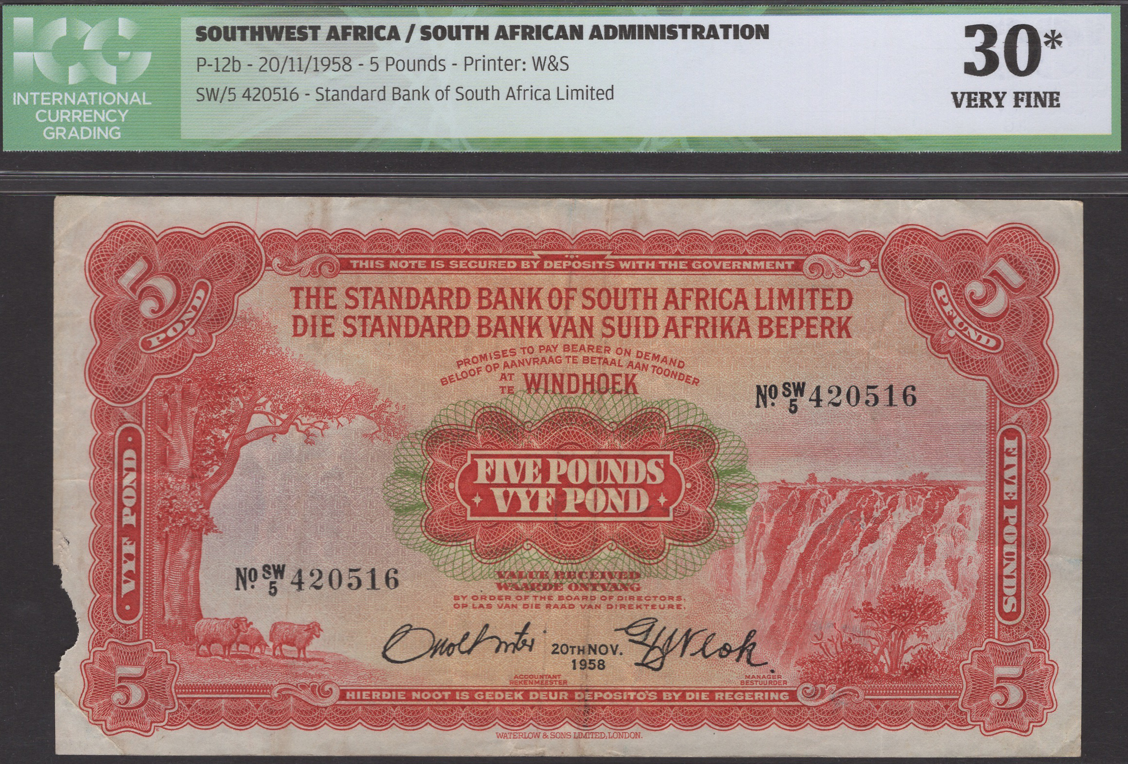 Standard Bank of South Africa Limited, Â£5, 20 November 1958, serial number SW/5 420516, pape...