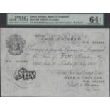 Bank of England, Percival S. Beale, Â£5, 28 July 1950, serial number S16 053398, in PMG holde...