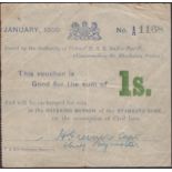 Siege of Mafeking, 1 Shilling, January 1900, serial number A1168, imperforate left margin, a...
