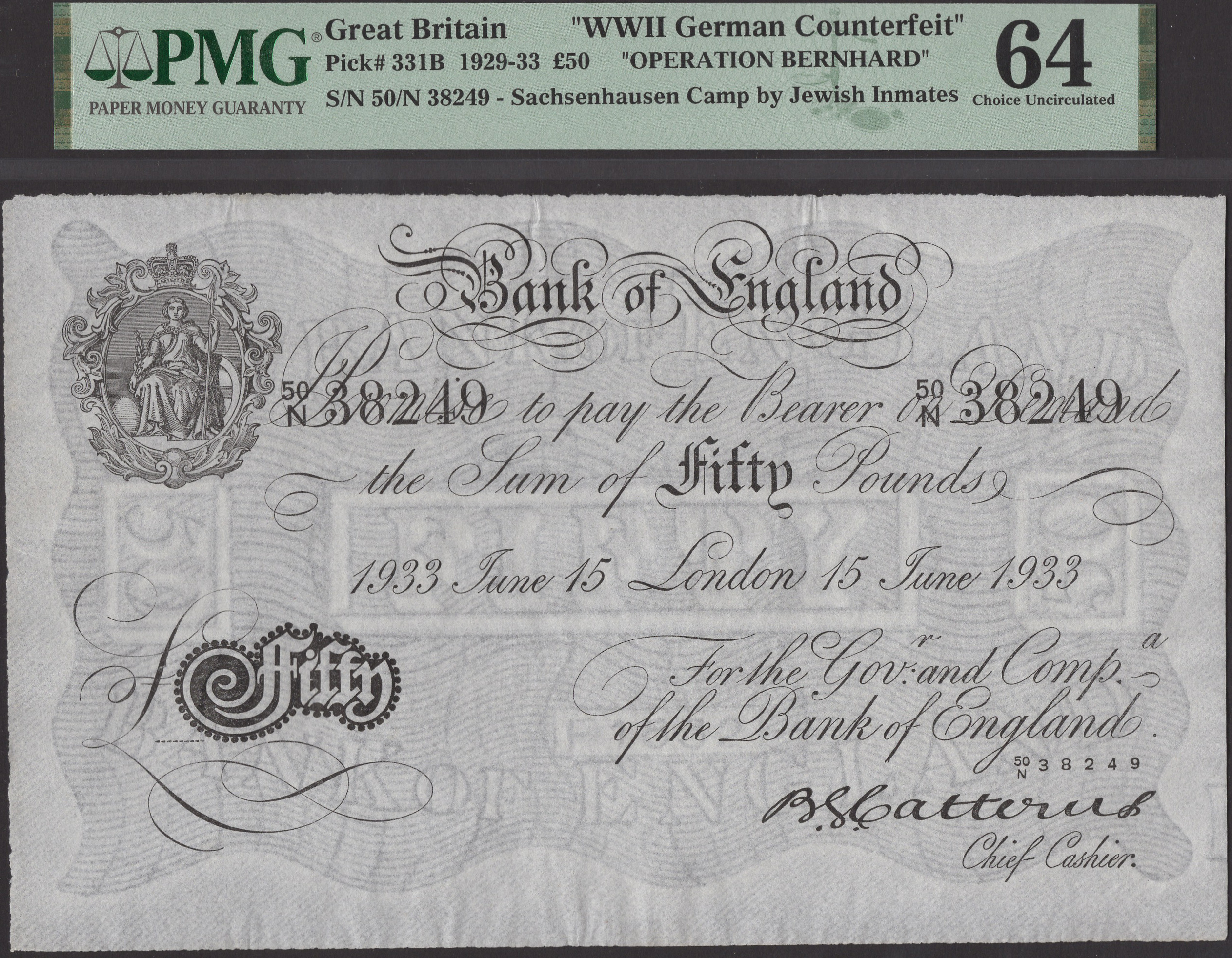 Bank of England, Basil G. Catterns, Operation Bernhard, Â£50, London, 15 June 1933, serial nu...