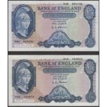 Bank of England, Leslie K. O'Brien, Â£5 (2), 21 February 1957/12 July 1961, serial numbers A8...