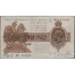 Treasury Series, Warren Fisher, Â£1, 26 February 1926, serial number A1/86 473148, red handst...