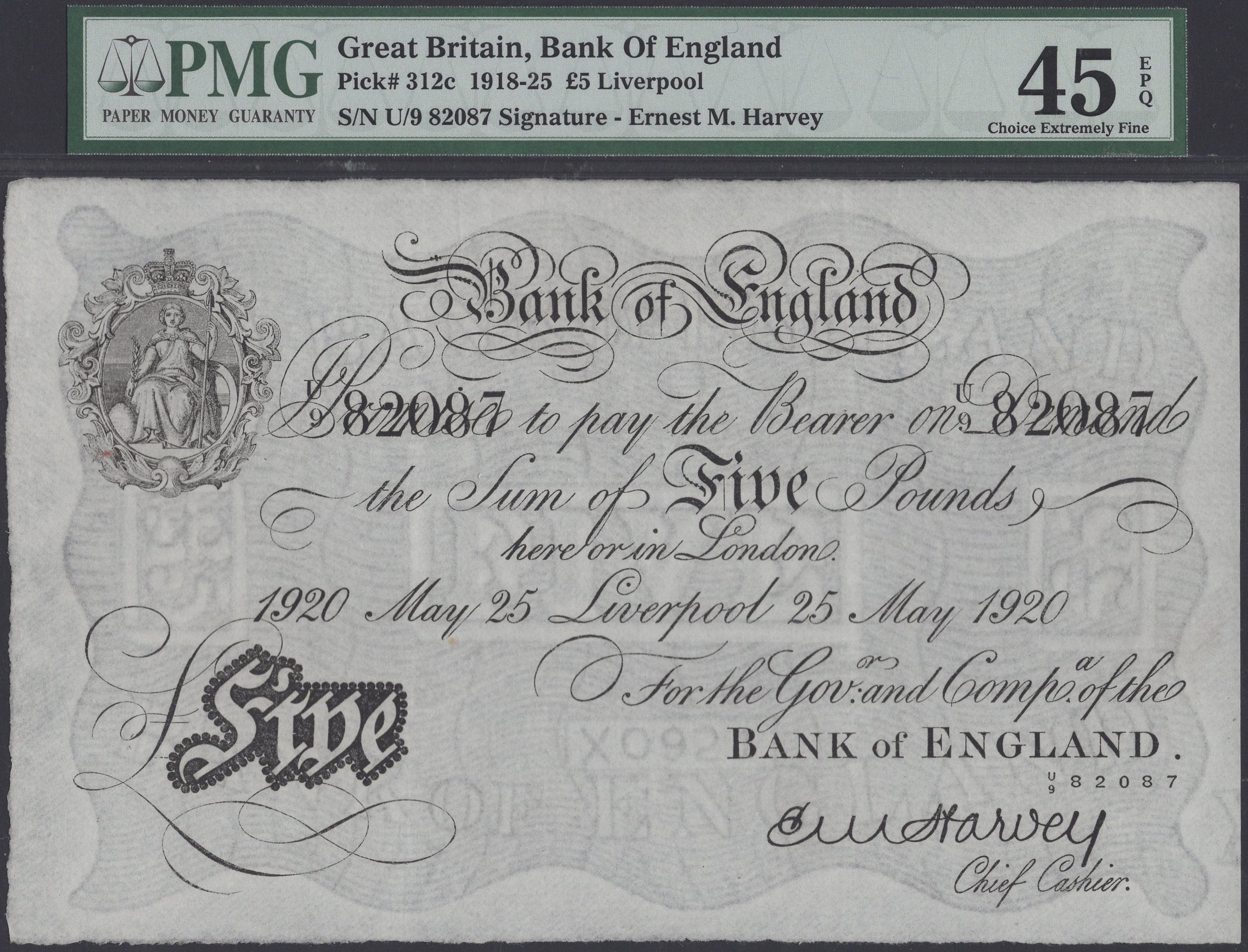 Bank of England, Ernest M. Harvey, Â£5, Liverpool, 25 May 1920, serial number U/9 82087, in...