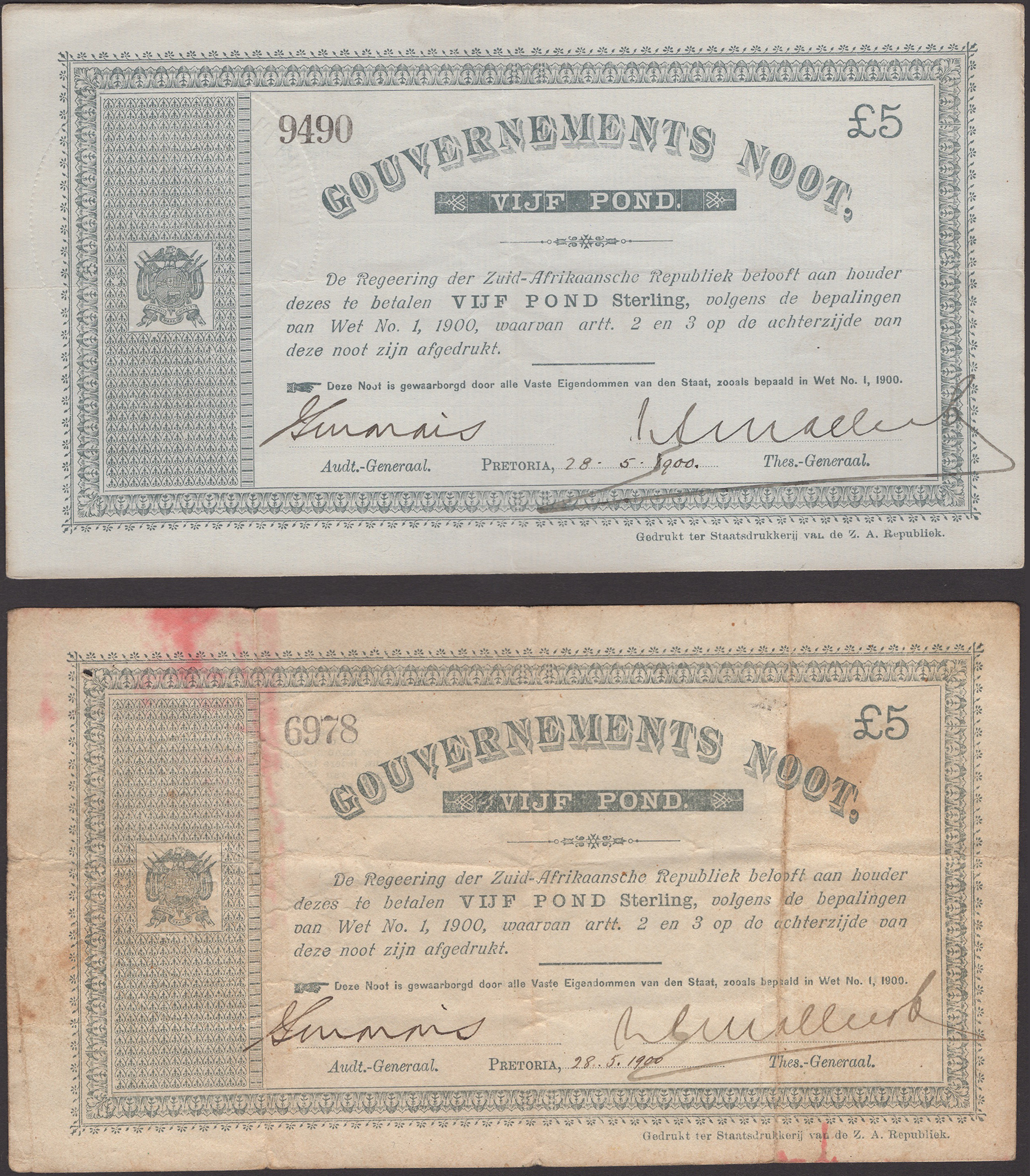 Gouvernements Noots, Â£5 (2), 28 May 1900, serial numbers 6978 and 9490, nice original paper,...