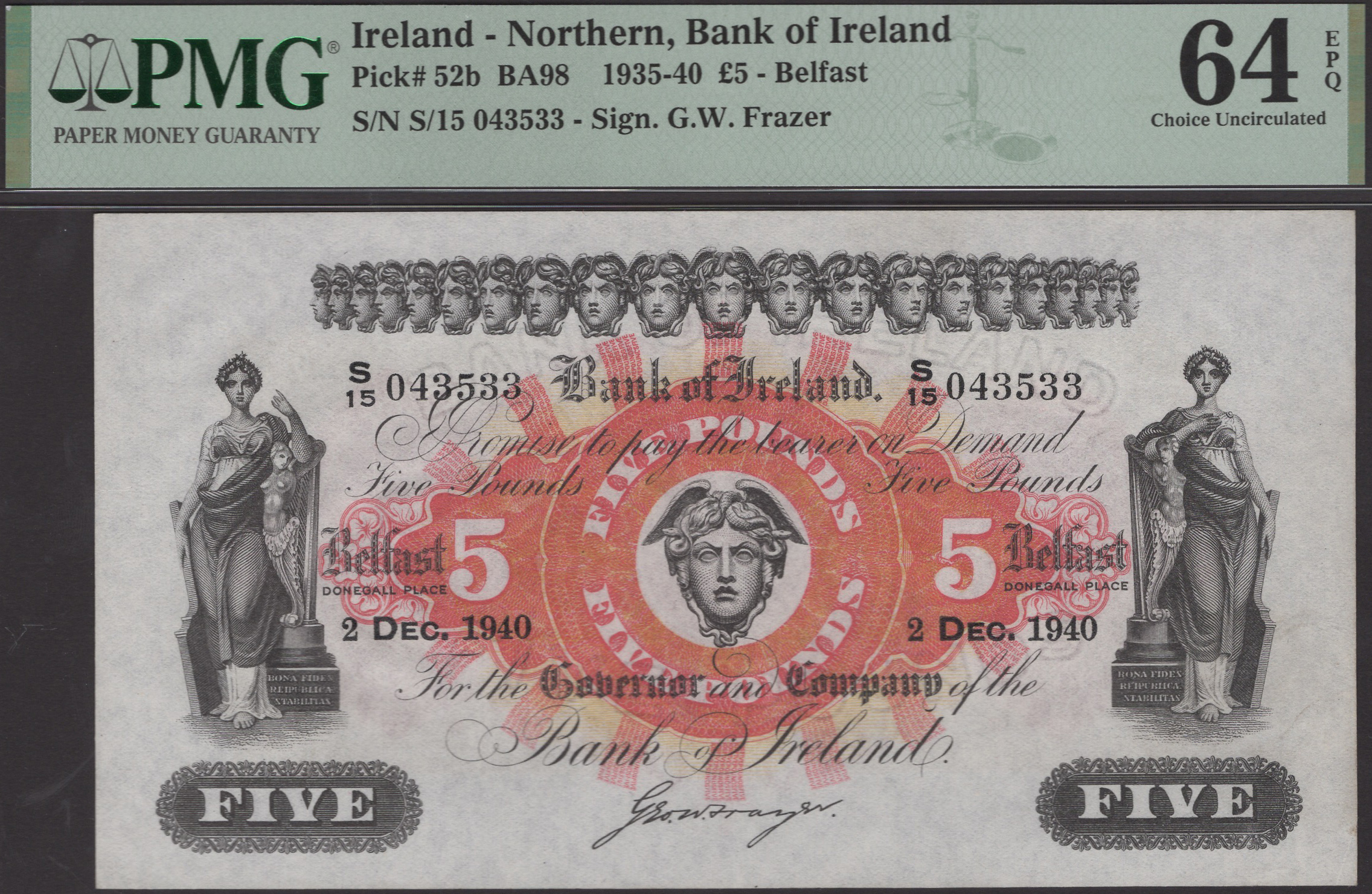 Bank of Ireland, Â£5, 2 December 1940, serial number S/15 043533, Frazer signature, in PMG ho...
