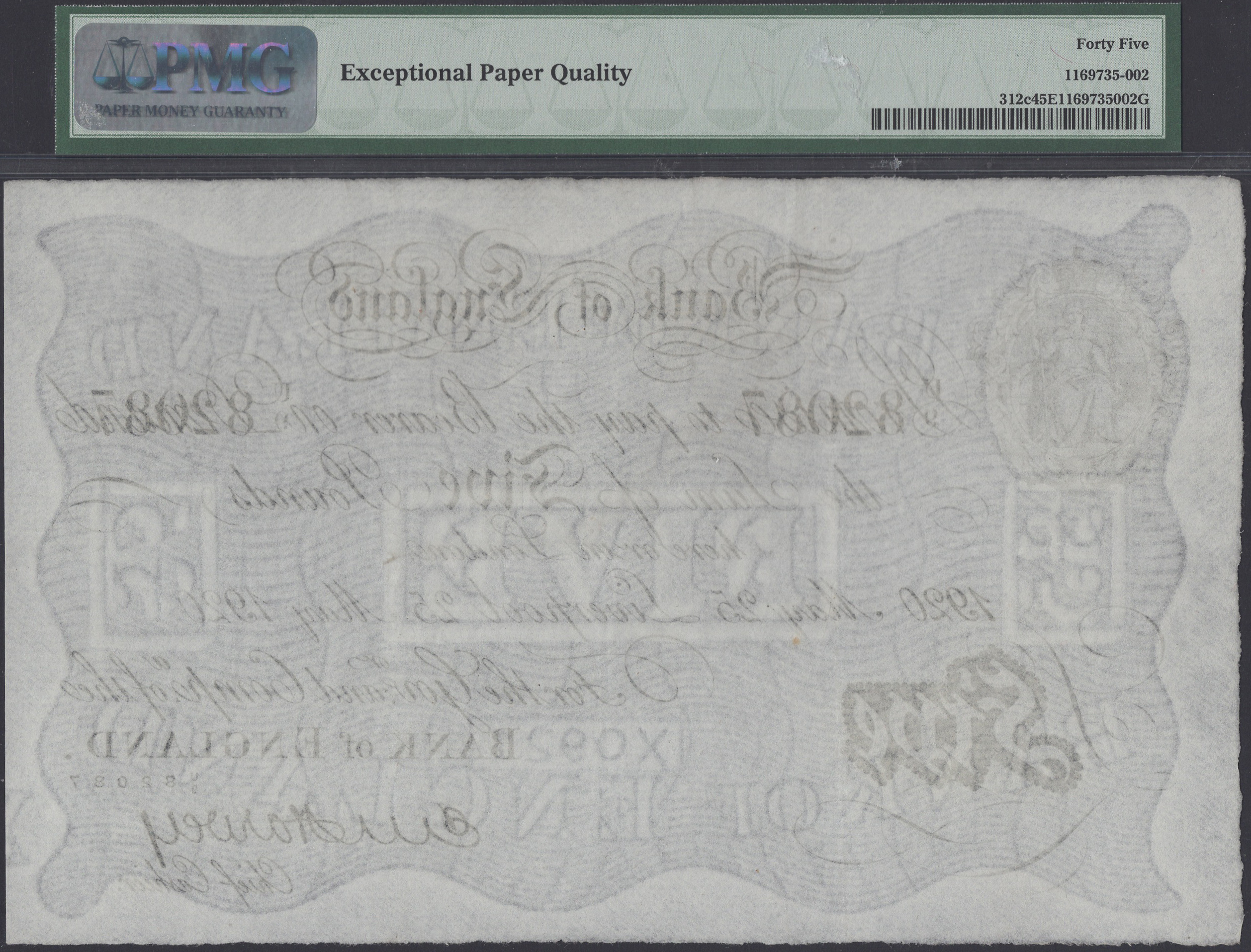 Bank of England, Ernest M. Harvey, Â£5, Liverpool, 25 May 1920, serial number U/9 82087, in... - Image 2 of 2