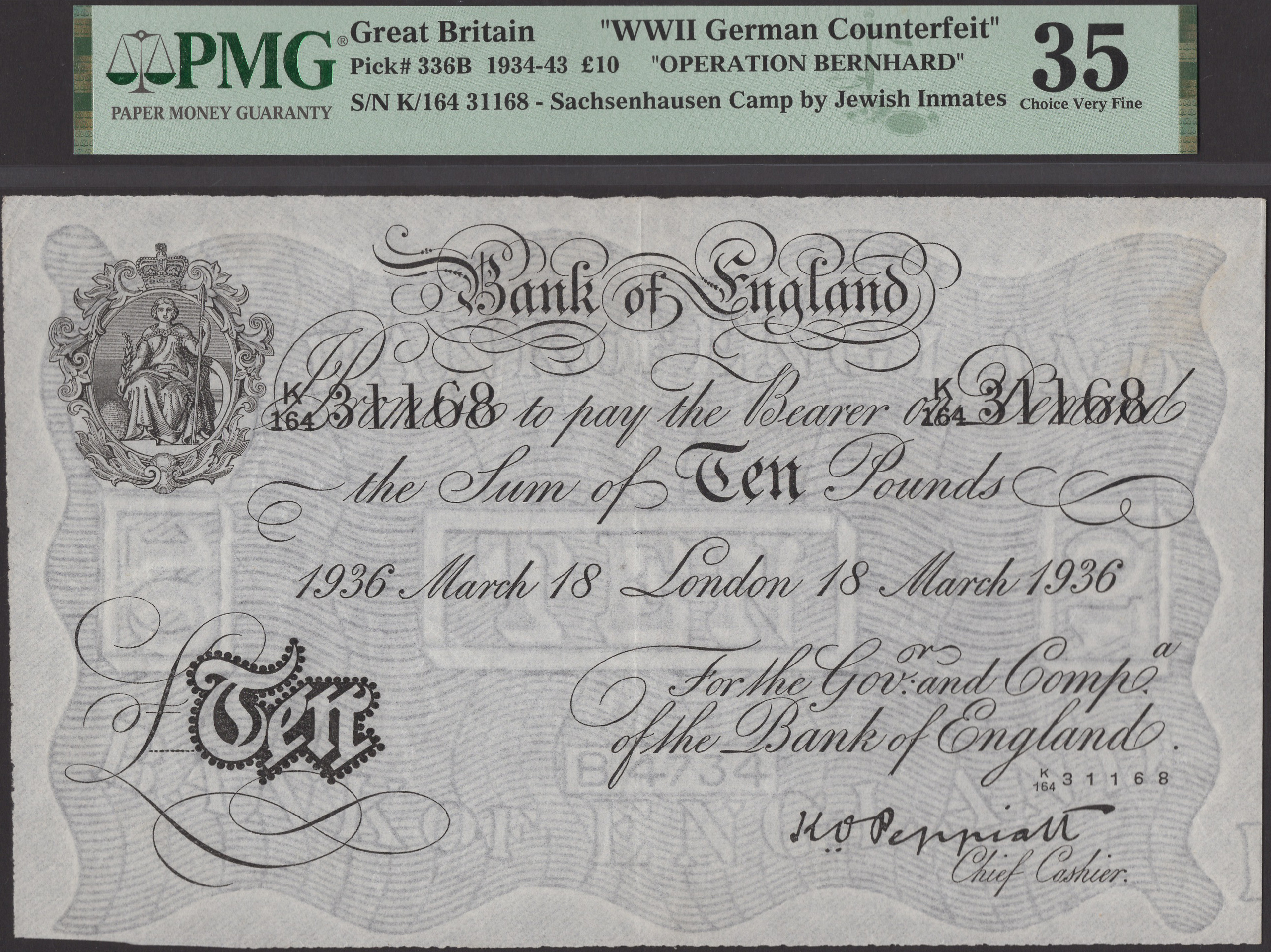 Bank of England, Kenneth O. Peppiatt, Operation Bernhard, Â£10, London, 18 March 1936, serial...