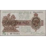 Treasury Series, Warren Fisher, Â£1, 26 February 1926, serial number B1/69 664283, good very...