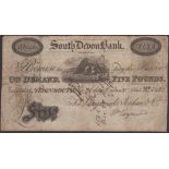 South Devon Bank, Teignmouth, for Langmead, Jordan & Co., Â£5, 1 January 1840, serial number...
