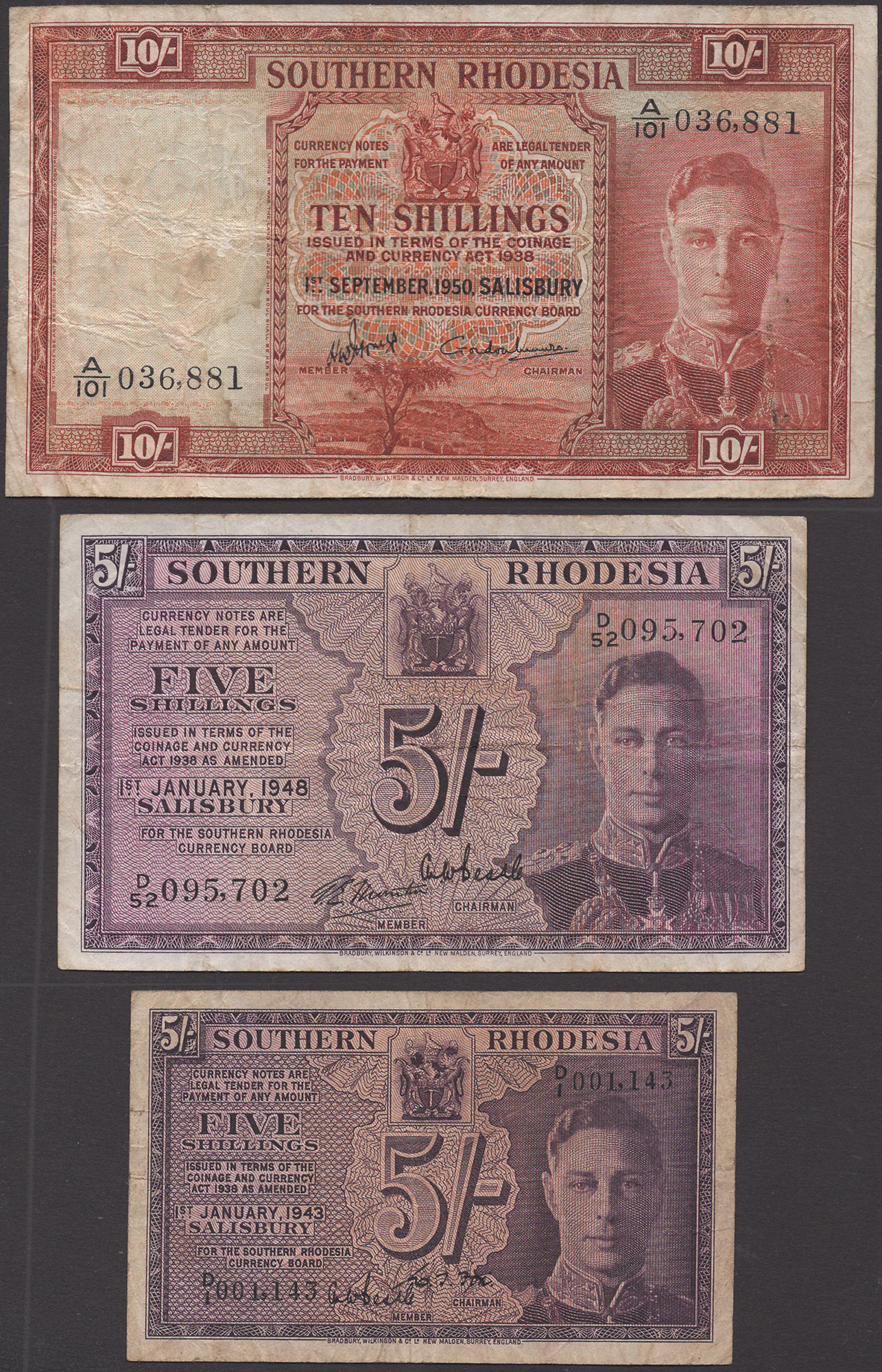 Southern Rhodesia Currency Board, 5 Shillings, 1 January 1943, serial number D/1 001,143, 5...