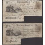 Durham Bank, for Jonathan Backhouse and Compy, cancelled Â£5 (2), 14 August 1880 and 15 Septe...
