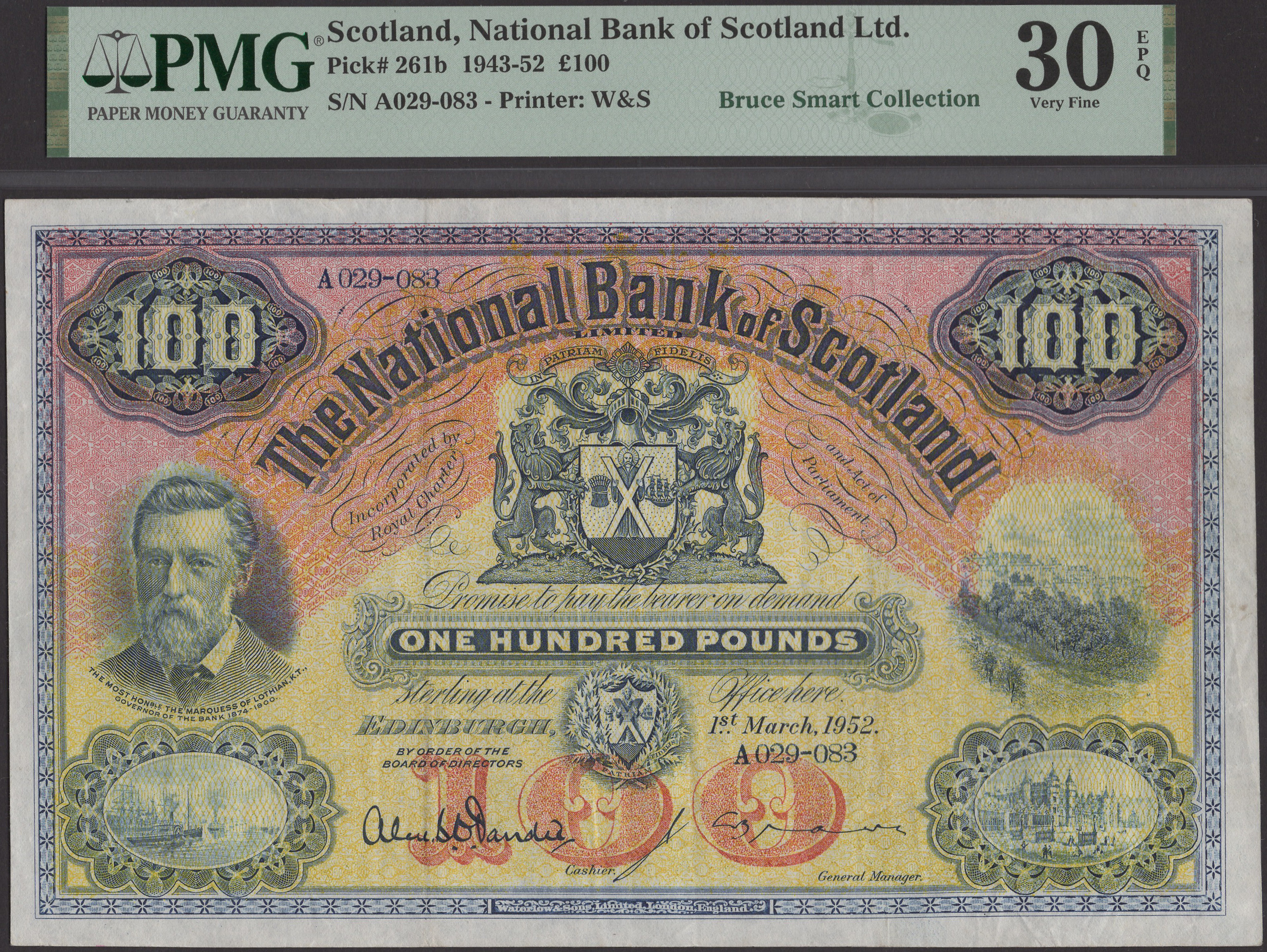 National Bank of Scotland Limited, Â£100, 1 March 1952, serial number A029-083, Dandie and Br...