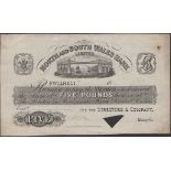 North and South Wales Bank, Pwiheli, proof on paper for Â£5, 18-, no signatures or serial num...