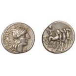 Roman Republican Coinage, M. Vargunteius, Denarius, c. 130, helmeted head of Roma right, m v...