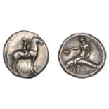 Greek Coinages, CALABRIA, Tarentum, Nomos or Didrachm, c. 280, youth crowning horse right, r...