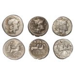 Roman Republican Coinage, Denarii (3), Anonymous, c. 179-170, helmeted head of Roma right, x...