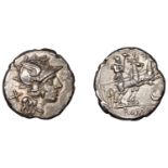 Roman Republican Coinage, Anonymous, Denarius, c. 143, helmeted head of Roma right, x behind...