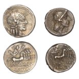 Roman Republican Coinage, Denarii (2), M. Carbo, c. 122, helmeted head of Roma right, laurel...