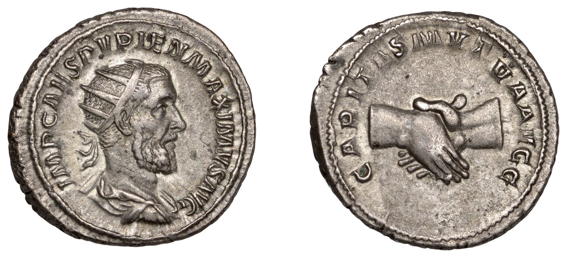 Pupienus (April - July 238), Antoninianus, radiate, draped and cuirassed bust right, rev. ca...