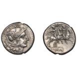 Roman Republican Coinage, Cn. Baebius Tamphilus, Denarius, c. 194-190, helmeted head of Roma...