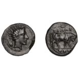 Greek Coinages, SICILY, Gela, Ã† Tetras, c. 420-5, head of river god right, hair flowing up a...