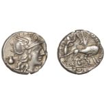 Roman Republican Coinage, Sex. Pompeius Fostlus, Denarius, c. 137, helmeted head of Roma rig...