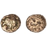CORIELTAUVI, Early Uninscribed issues, plated Stater, Domino type, worn wreath pattern, rev....
