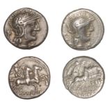 Roman Republican Coinage, Denarii (2), both c. 131, L. Opimius, helmeted head of Roma right,...