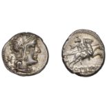 Roman Republican Coinage, Q. Philippus, Denarius, c. 129, helmeted head of Roma right, x beh...