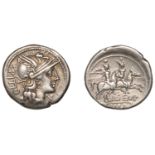 Roman Republican Coinage, L. Sempronius Pitio, Denarius, c. 148, helmeted head of Roma right...