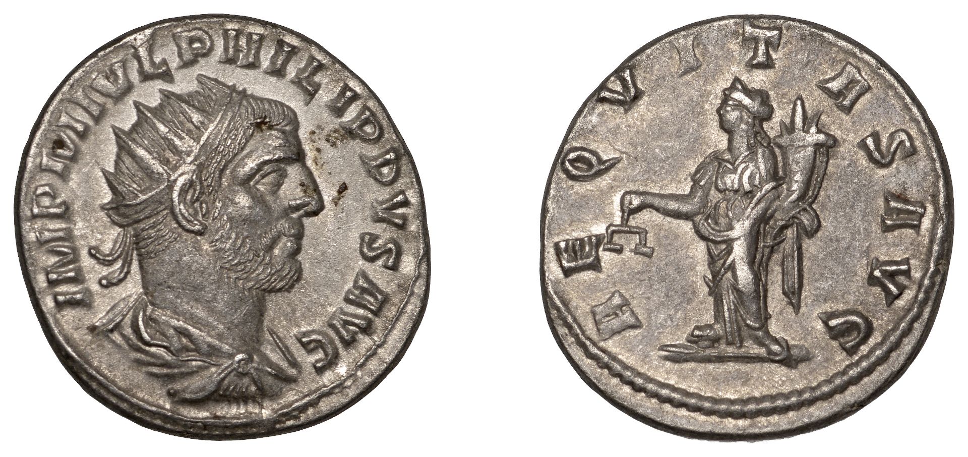 Philip I, Antoninianus, Antioch, 247, radiate, draped and cuirassed bust right, rev. aeqvita...