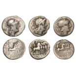 Roman Republican Coinage, Denarii (3), P. Maenius Antiaticus M.f., c. 132, helmeted head of...
