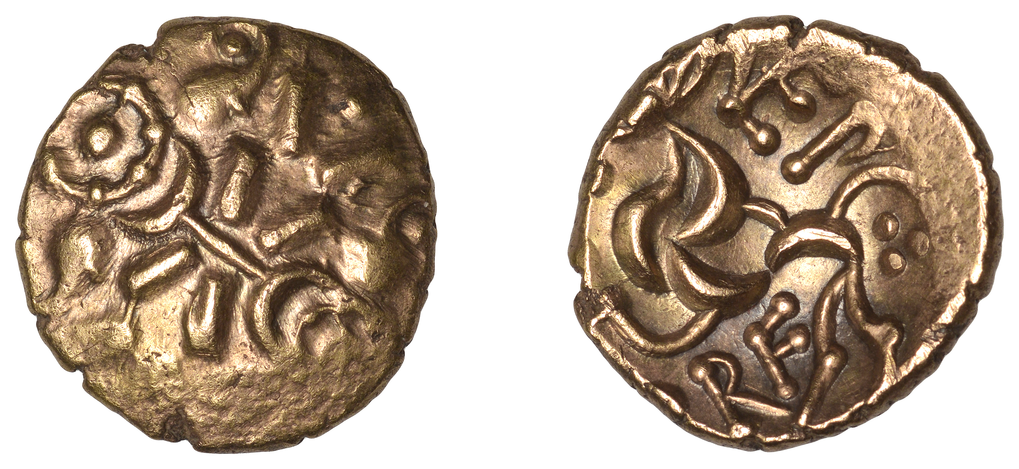 CORIELTAUVI, Vepo Corf, Stater, Triadic type, wreath pattern crossed by 'horse bit' with rin...