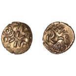 CORIELTAUVI, Vepo Corf, Stater, Triadic type, wreath pattern crossed by 'horse bit' with rin...