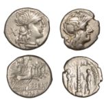 Roman Republican Coinage, Denarii (2), L. Trebanius, c. 135, helmeted head of Roma right, x...