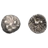 CORIELTAUVI, Aunt Cost (15-40 AD), silver Half-Unit, trace of wreath design, rev. stylised h...