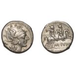 Roman Republican Coinage, M. Junius Silanus, Denarius, c. 145, helmeted head of Roma right,...