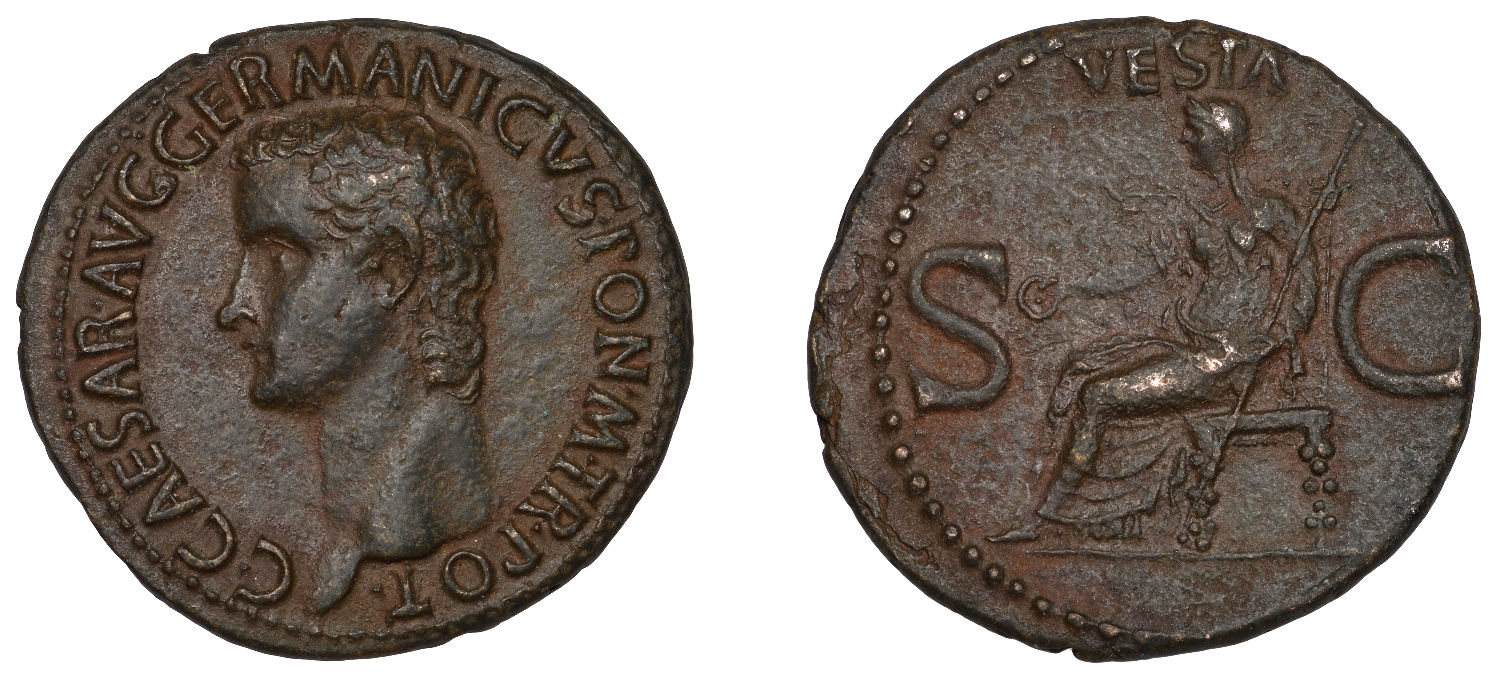 Roman Imperial Coinage, Gaius (Caligula), As, Rome, 37-8, bust left, rev. Vesta seated left,...