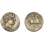 Greek Coinages, IBERIA, Sekobirikes, Denarius, late 1st century BC, male head right with tig...