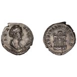 Diva Faustina Senior, Denarius, 146-61, draped bust right, hair bound up in pearls, rev. aed...